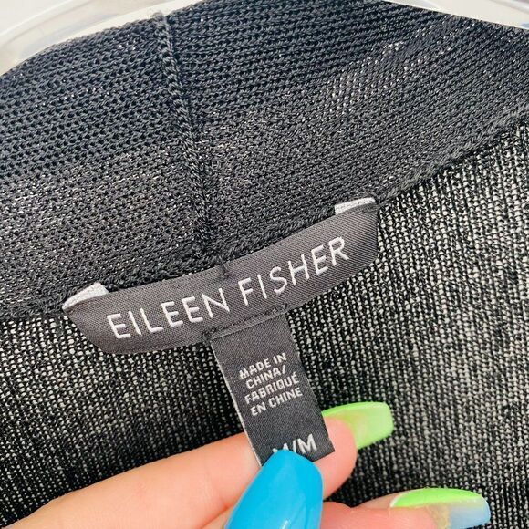 Eileen Fisher Size Medium Black Long Sleeve Open Front Ruffle Hem Cardigan - Picture 7 of 8